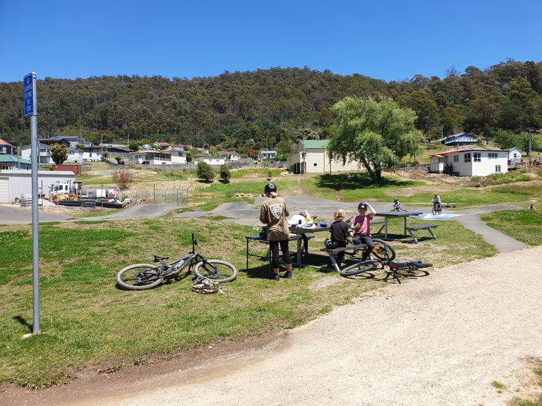 Cyclists enjoying lunch at the Derby pumptrack - MTB Tasmania